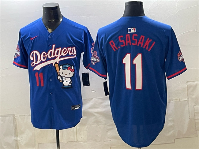 Men's Royal Los Angeles Dodgers #11 Roki Sasaki Hello Kitty Night 2025 World Series Champions Patch Stitched Baseball Jersey
